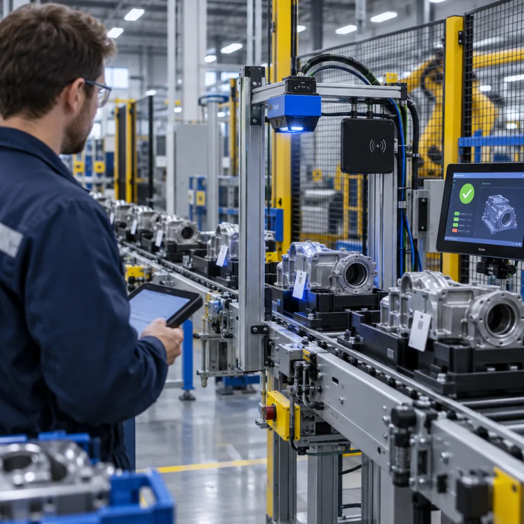 Engineer monitoring an automated production line fitted with an RFID reader and machine vision station