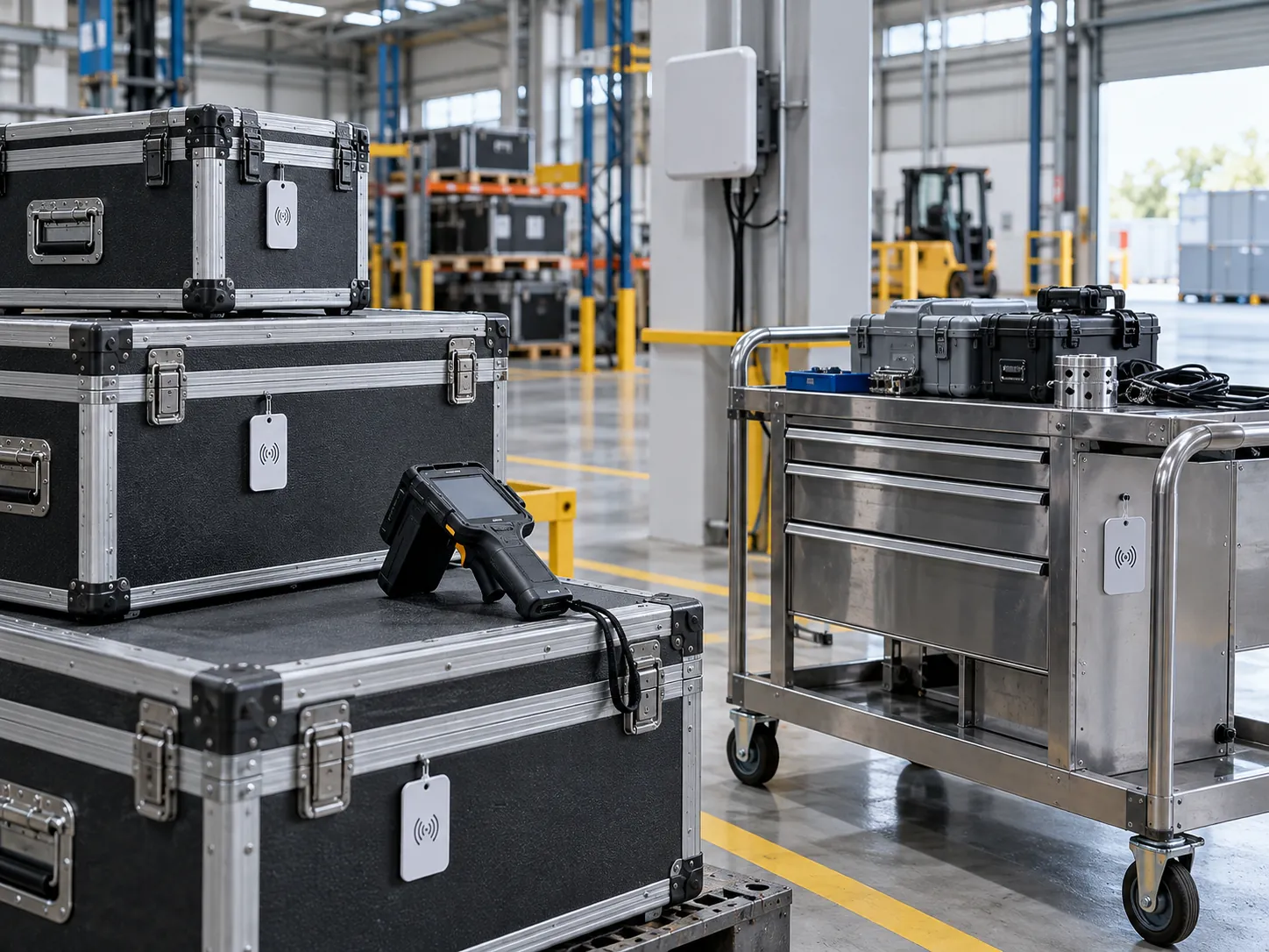 Tagged industrial equipment and RFID reader in an asset-management area