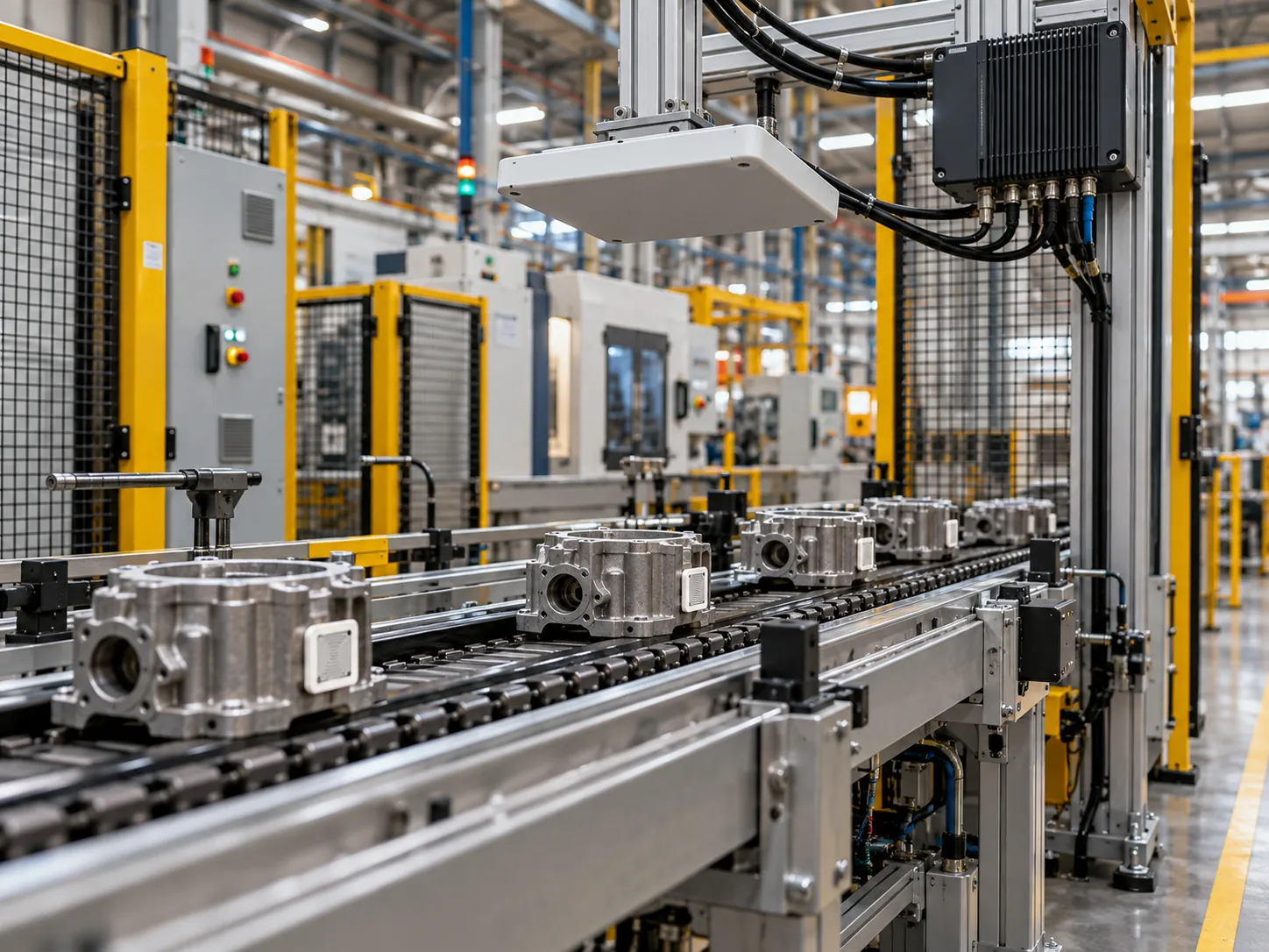 RFID reader monitoring tagged components on a manufacturing line