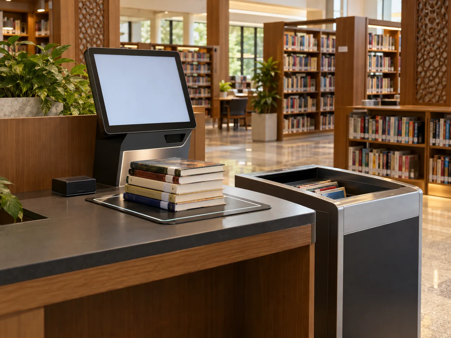 RFID self-service station in a specialised library workflow