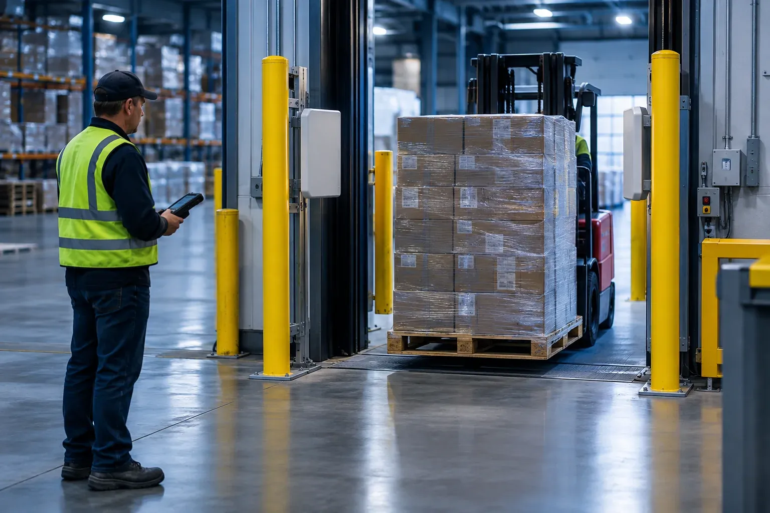 Pallet passing through fixed RFID portal antennas at a warehouse dock door